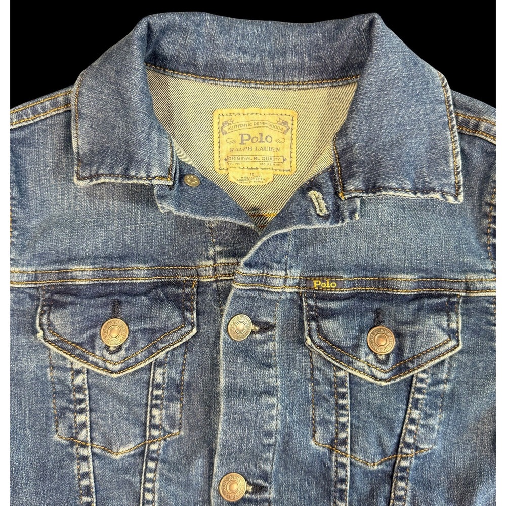 Polo Ralph Lauren Denim Jean Jacket Girls Kids Blue Distressed Trucker Size 10